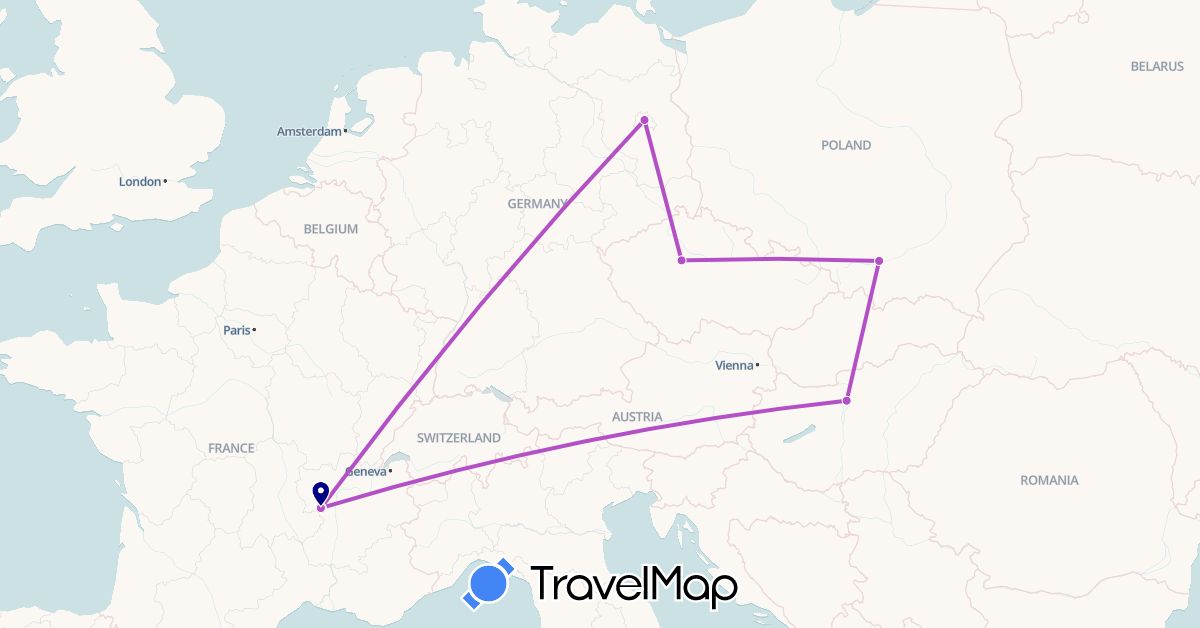 TravelMap itinerary: driving, train in Czech Republic, Germany, France, Hungary, Poland (Europe)